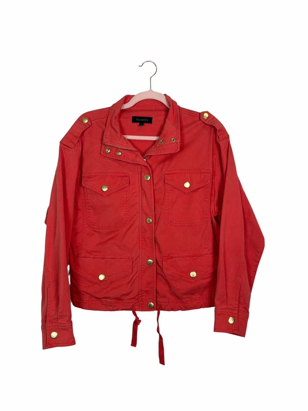 Talbots Coral Red Utility Field Jacket Small Gold Snaps 4 Pocket Drawstring